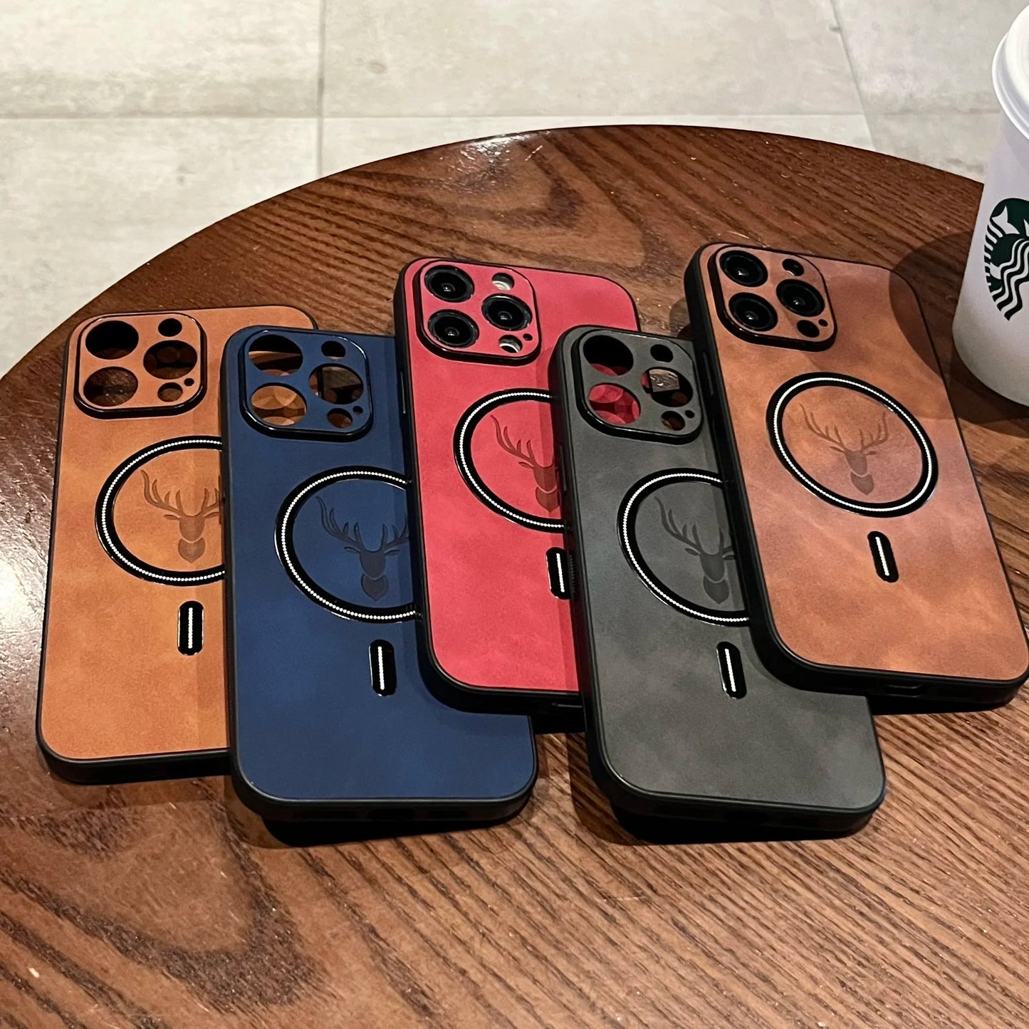 Vector Quest: Business Leather Deer Case for iPhone 16 15 14 Magnetic Cover Magsafe Wireless Charging
