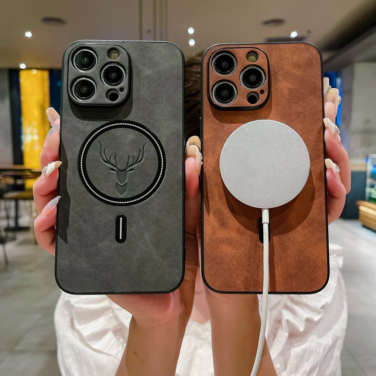 Vector Quest: Business Leather Deer Case for iPhone 16 15 14 Magnetic Cover Magsafe Wireless Charging