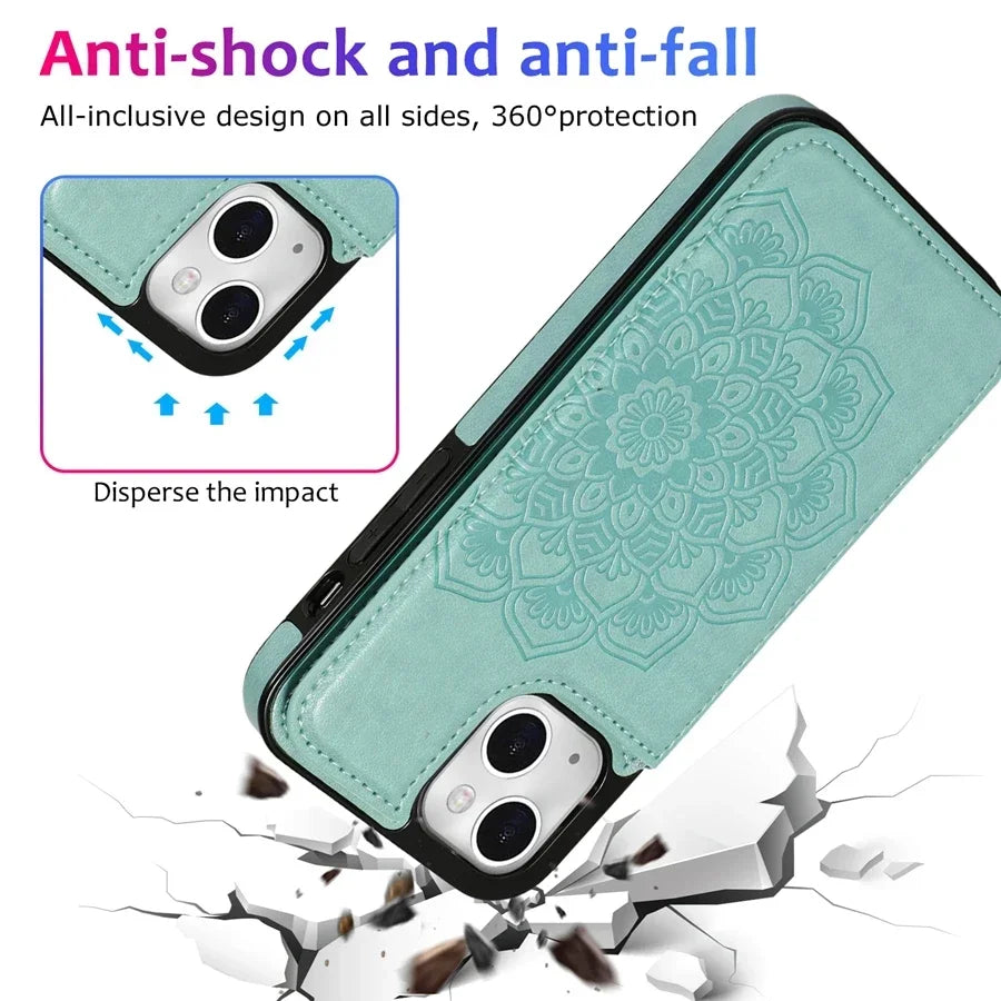 Vector Quest: Datura Flowered Wallet, Magnetic Double Buckle Flip Case with Card Slots For iPhone 16 15 14 13