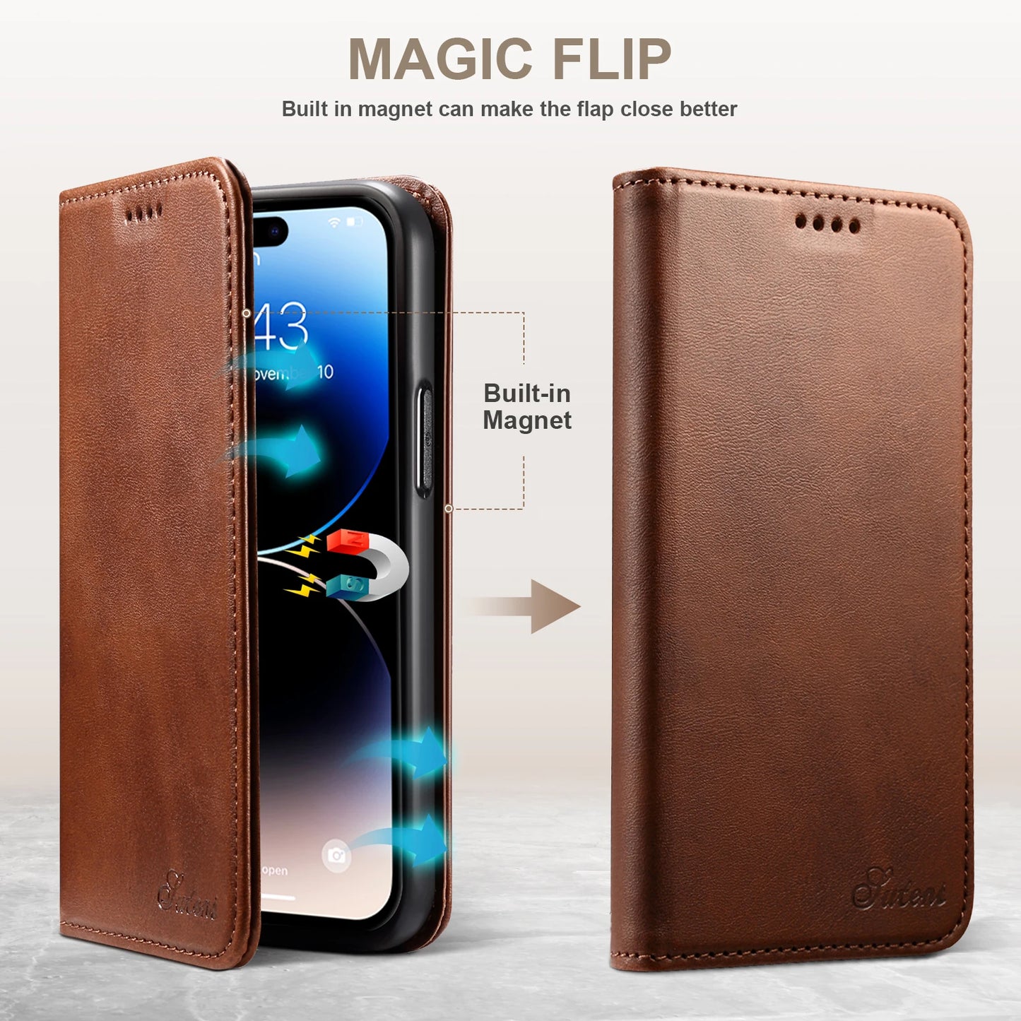 Vector Quest: Genuine Leather Wallet Phone Case With Card Holder And Support Function For iPhone 16 15 14