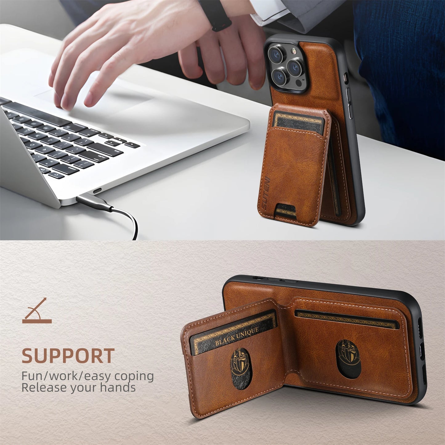 Vector Quest: luxury Leather Phone Case For iPhone 16 15 14 Featuring Magnetic Card Holder Wallet