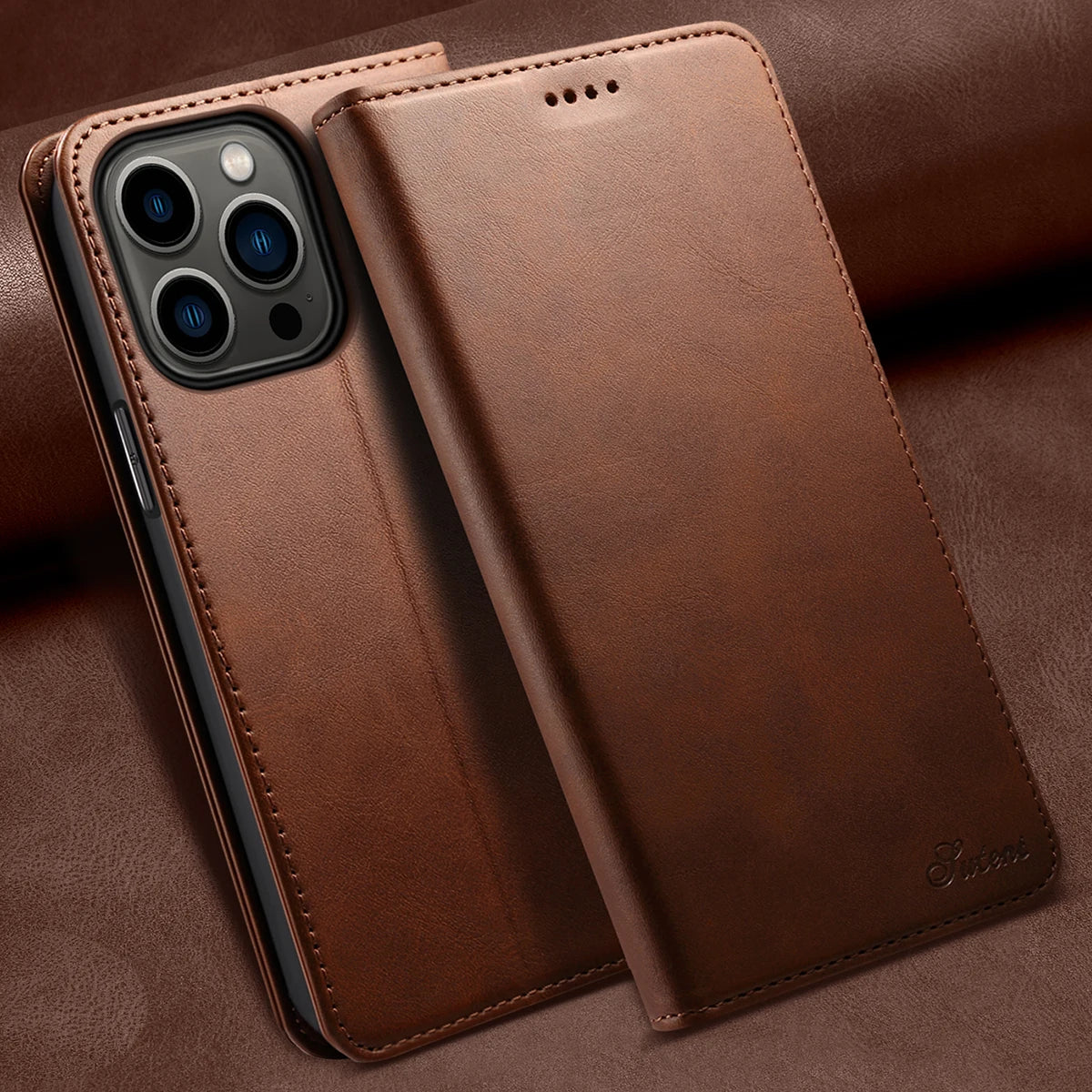 Vector Quest: Genuine Leather Wallet Phone Case With Card Holder And Support Function For iPhone 16 15 14