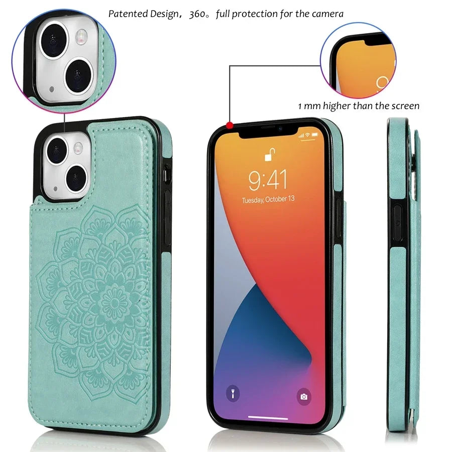 Vector Quest: Datura Flowered Wallet, Magnetic Double Buckle Flip Case with Card Slots For iPhone 16 15 14 13