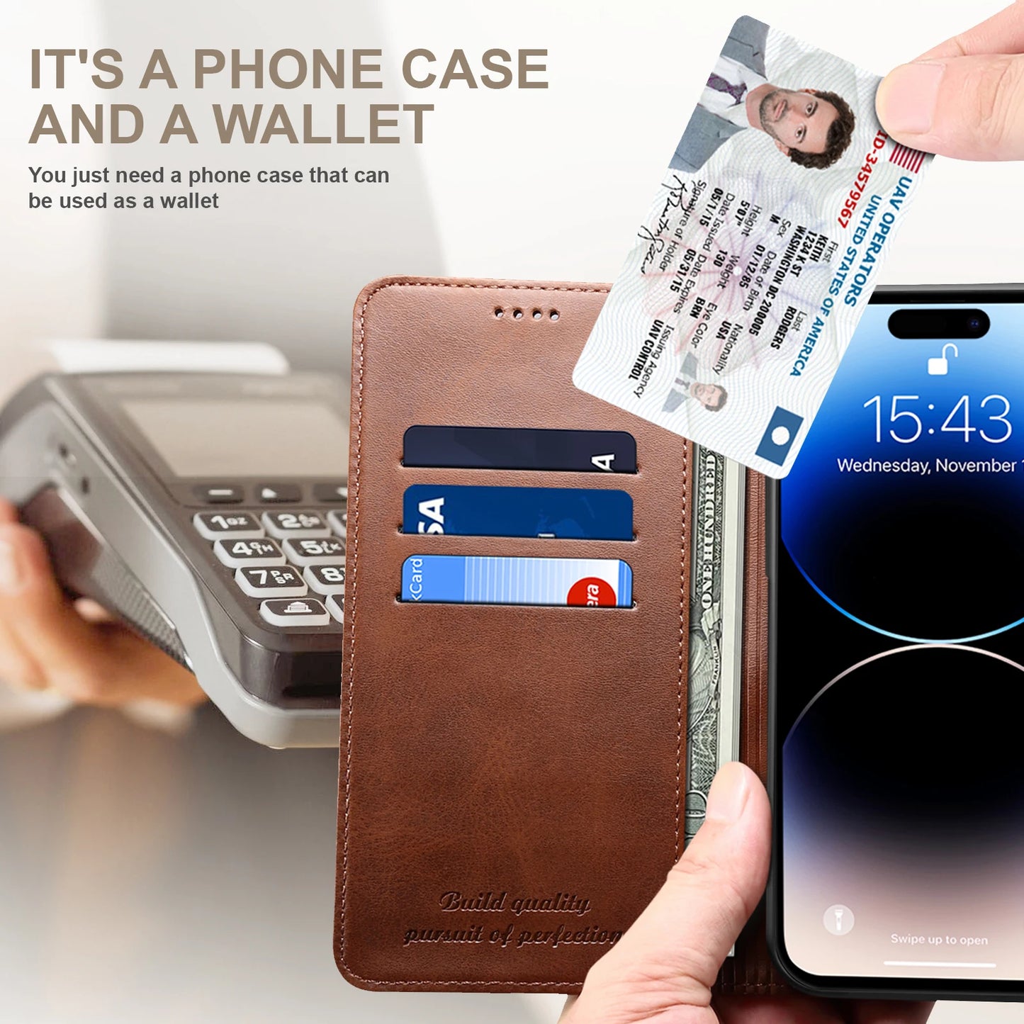 Vector Quest: Genuine Leather Wallet Phone Case With Card Holder And Support Function For iPhone 16 15 14