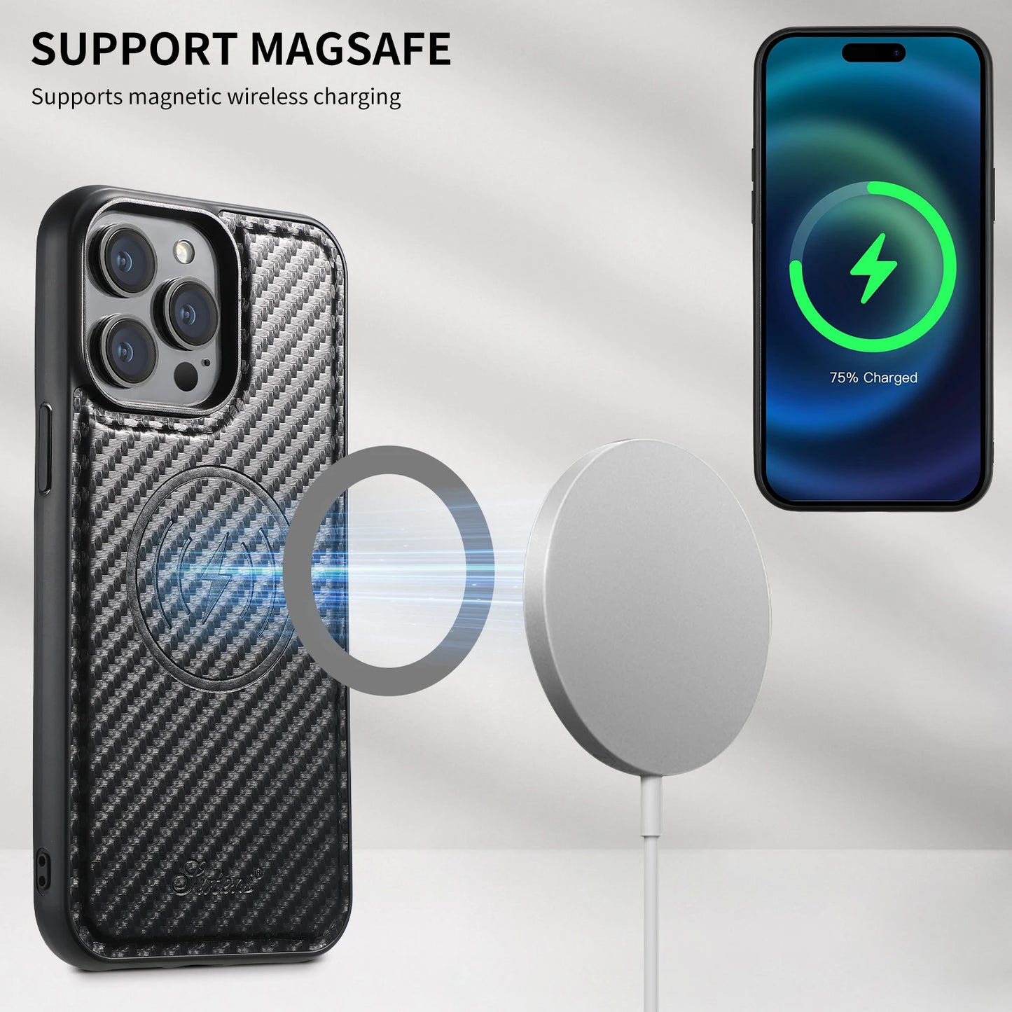 Vector Quest: Carbon Fiber Leather 2-in-1 Magnetic Phone Case Card Holder Wallet With MagSafe Wireless charging for iPhone 16 15 14