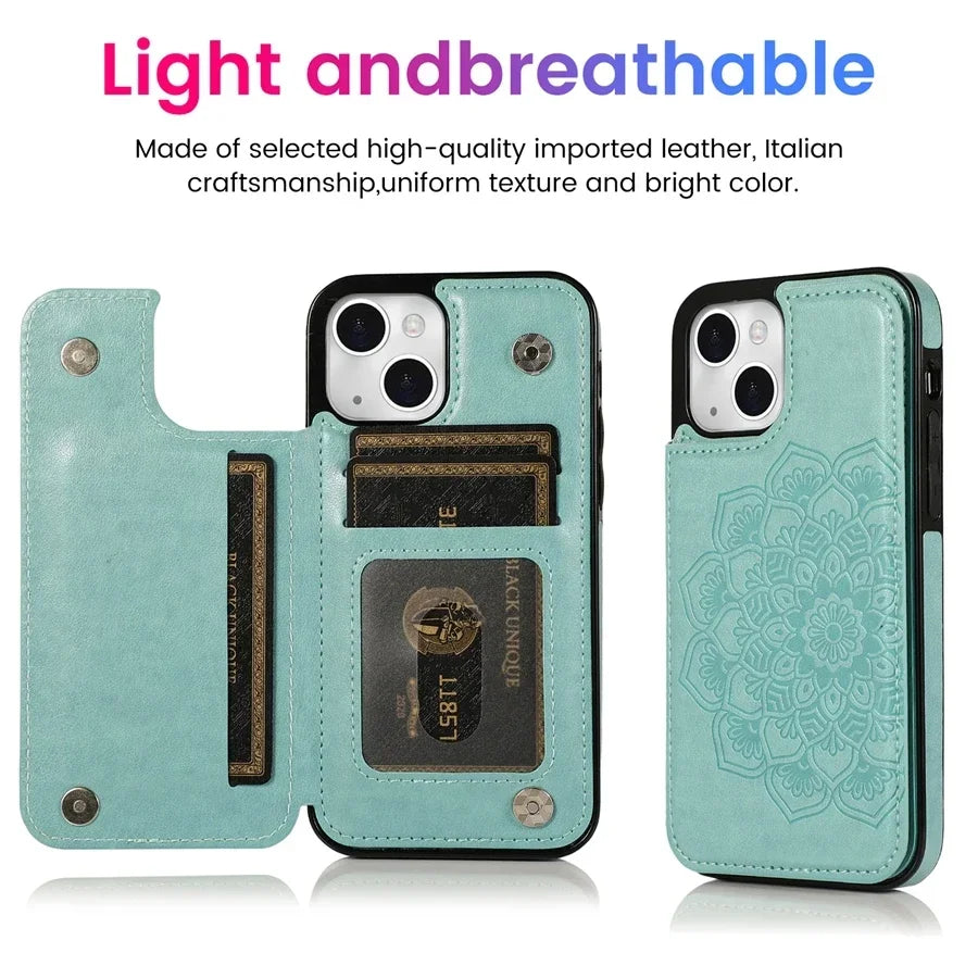 Vector Quest: Datura Flowered Wallet, Magnetic Double Buckle Flip Case with Card Slots For iPhone 16 15 14 13