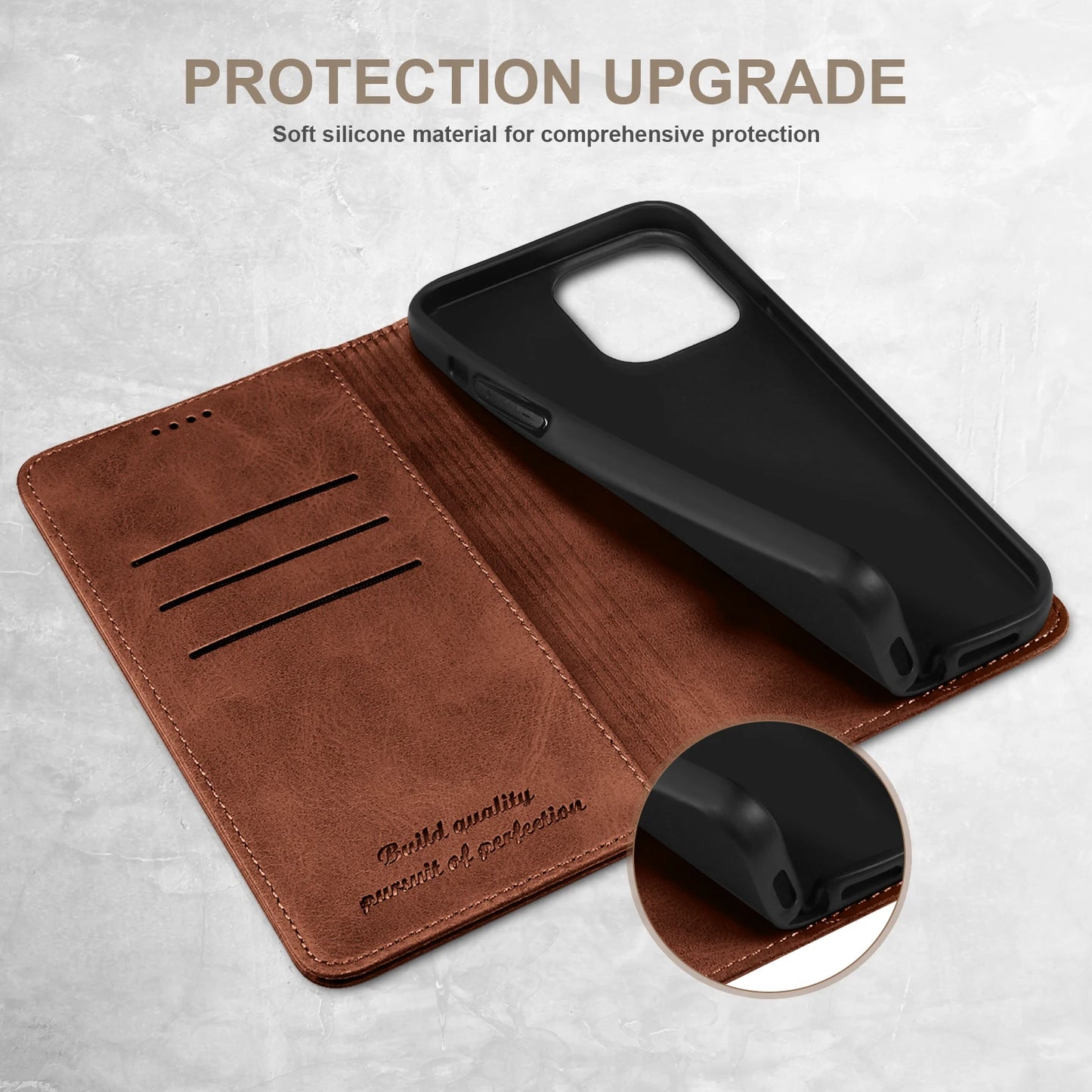 Vector Quest: Genuine Leather Wallet Phone Case With Card Holder And Support Function For iPhone 16 15 14