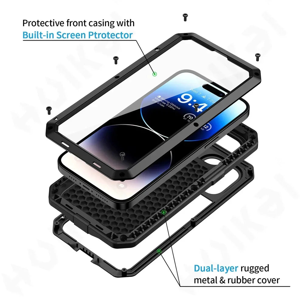 Vector Quest: Case For iPhone 16 15 14 Heavy Duty Shockproof Aluminum Alloy With 360 Water Resistant Protective Body Armor