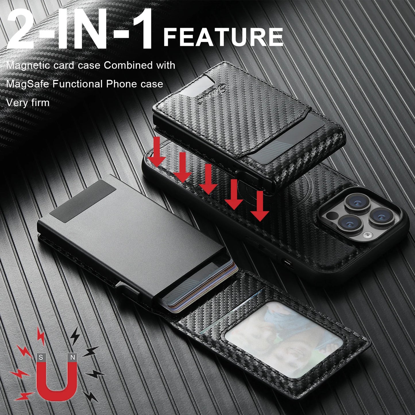 Vector Quest: Carbon Fiber Leather 2-in-1 Magnetic Phone Case Card Holder Wallet With MagSafe Wireless charging for iPhone 16 15 14