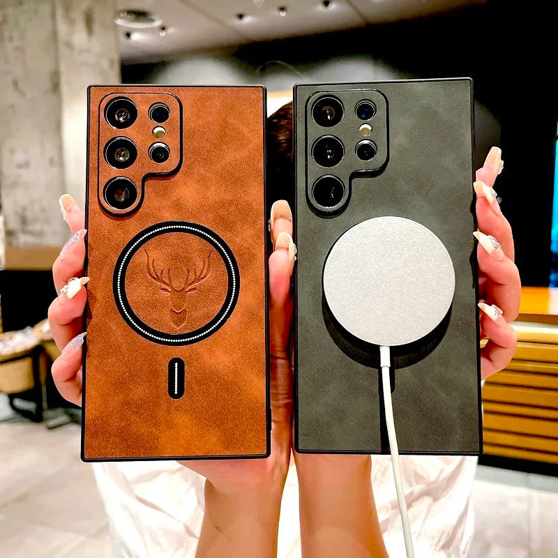 Vector Quest: Business Leather Deer Case for Samsung S24-21-Note 20 Magnetic Cover Magsafe Wireless Charging
