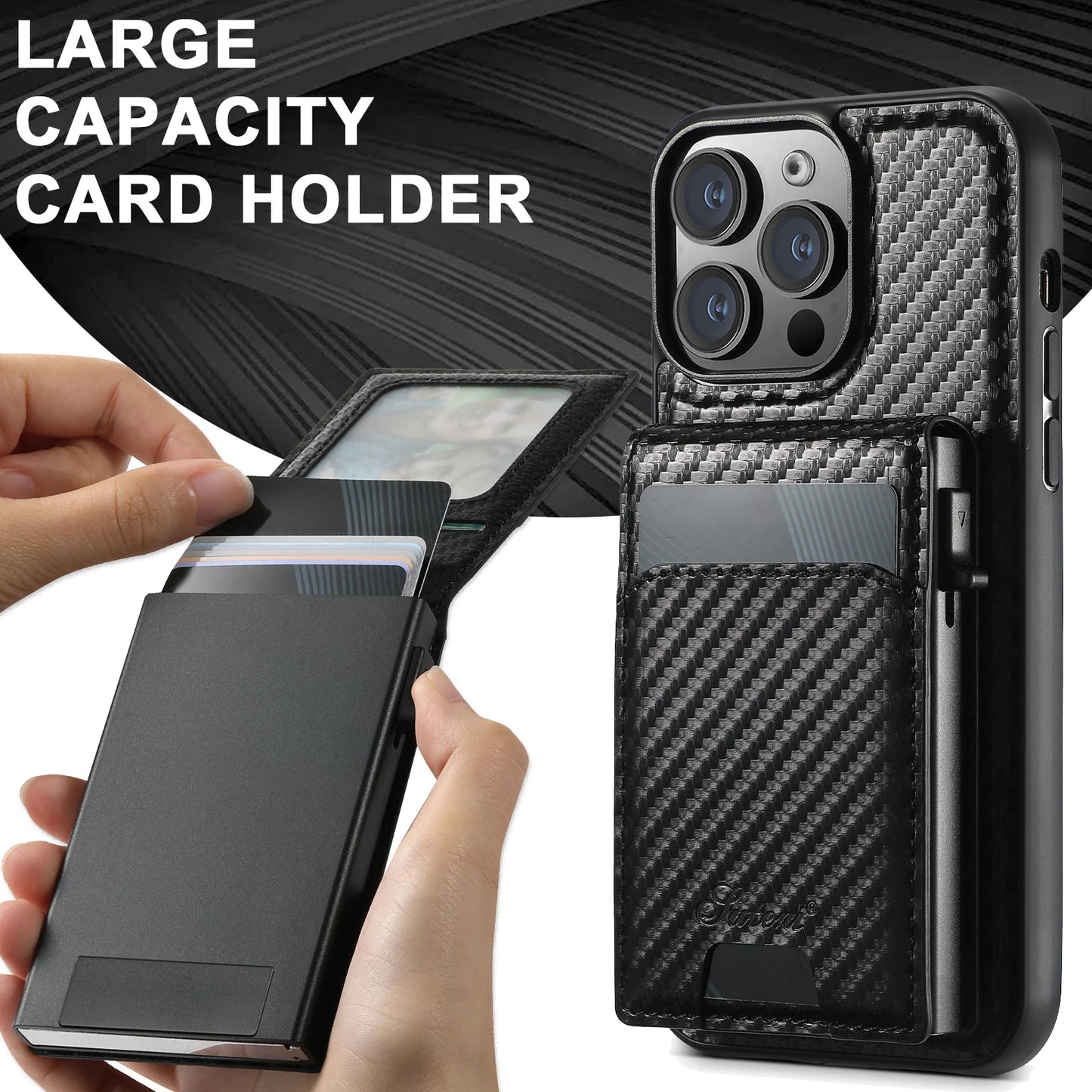 Vector Quest: Carbon Fiber Leather 2-in-1 Magnetic Phone Case Card Holder Wallet With MagSafe Wireless charging for iPhone 16 15 14