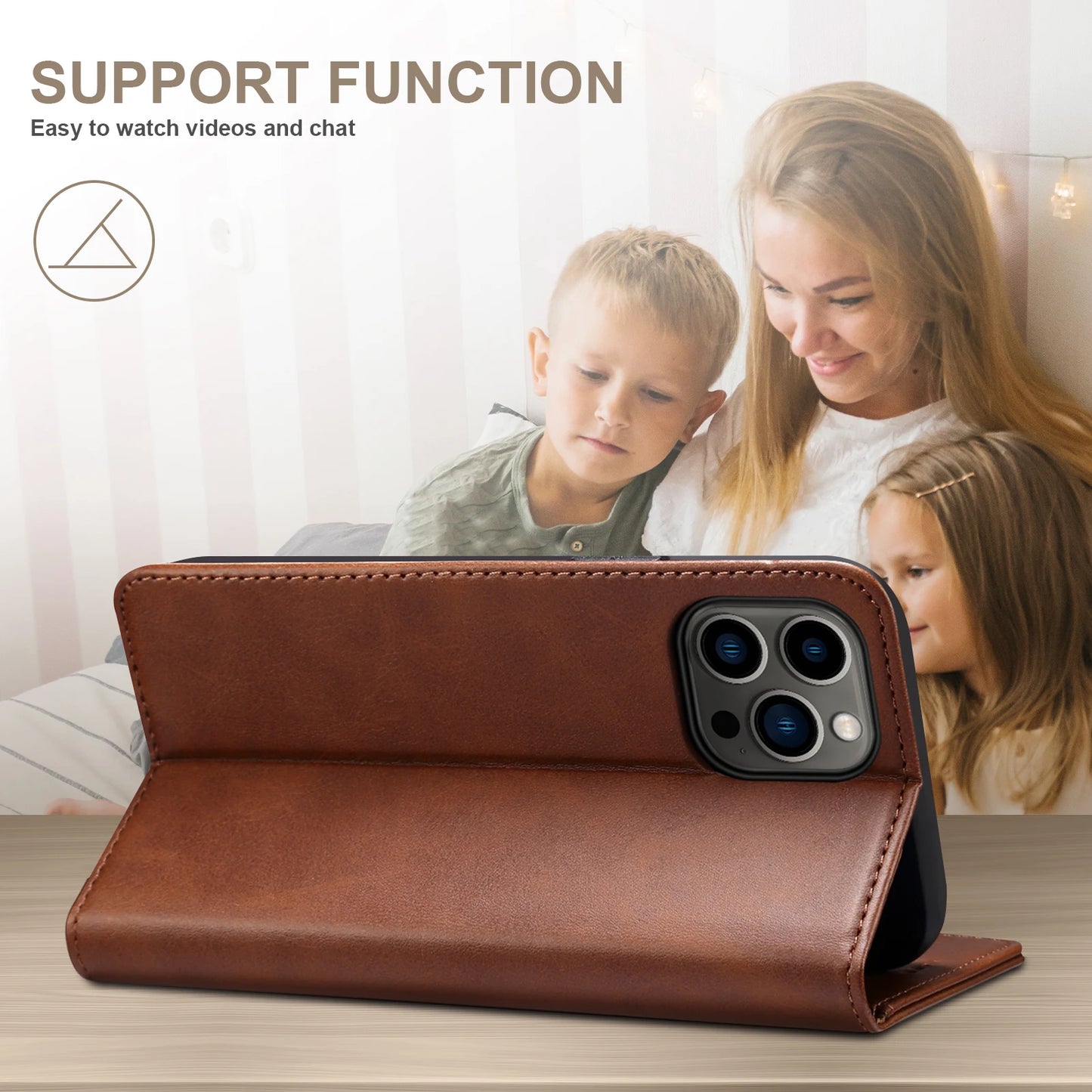 Vector Quest: Genuine Leather Wallet Phone Case With Card Holder And Support Function For iPhone 16 15 14